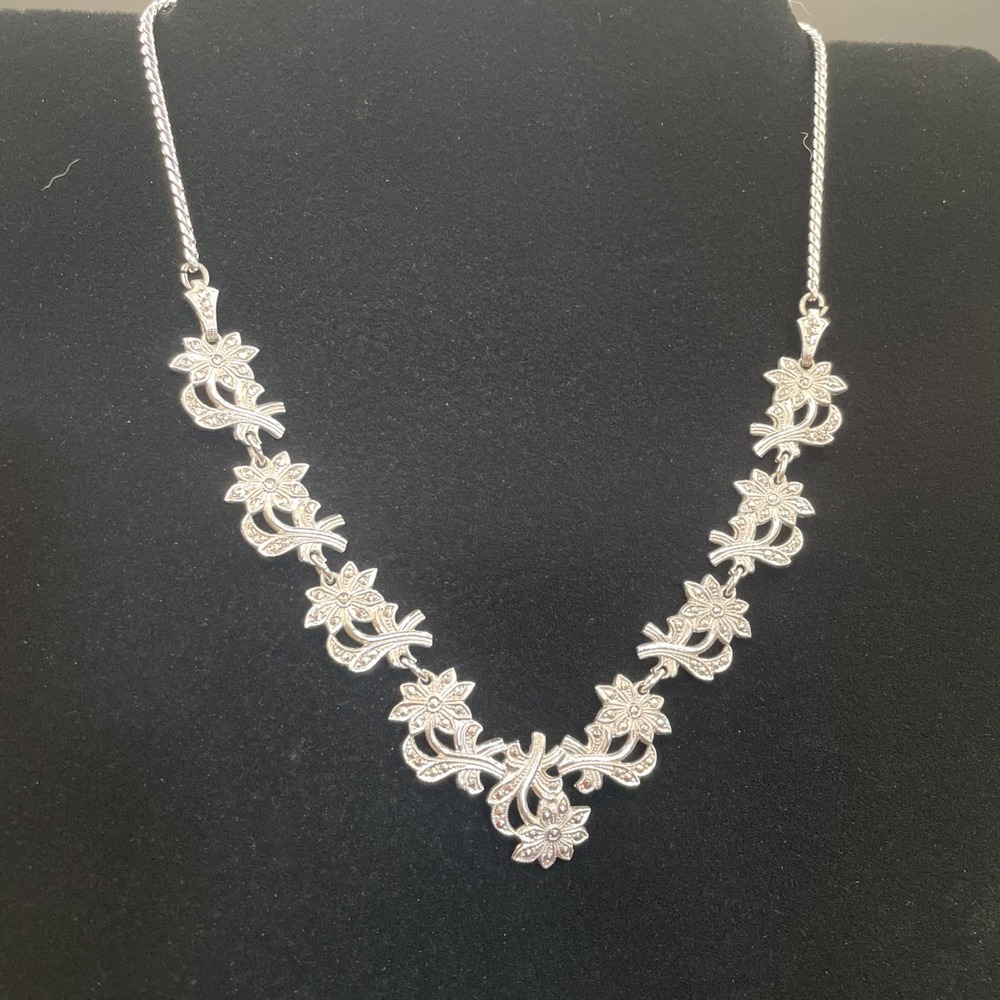 Sterling Silver 925 And Marcasite Necklace B&K 15" Art Deco Vintage 19.86g - Picture 3 of 13